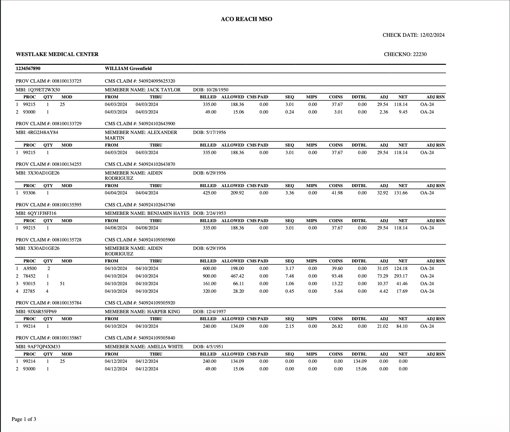 Generated explanation of payment with claim-level detail: procedures, billed and allowed amounts, adjustments, and net payments
