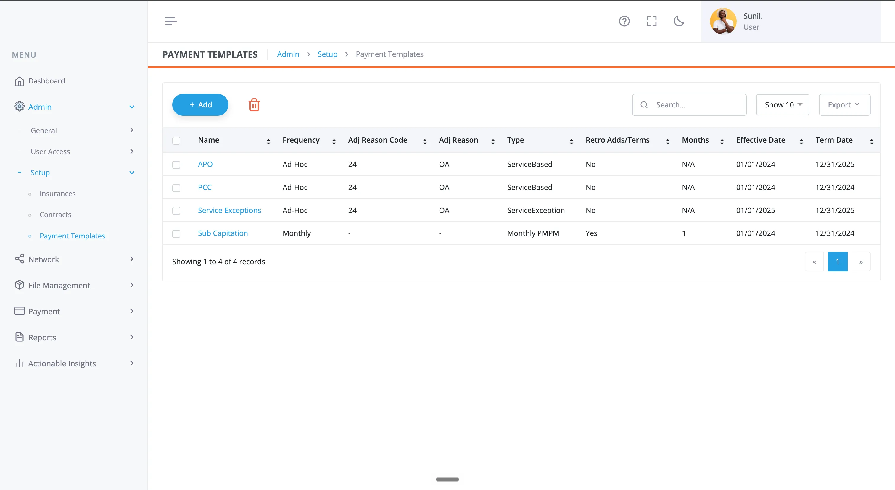 Scalesz Pay payment template list showing APO, PCC, service exception, and monthly PMPM sub-capitation templates with effective dates